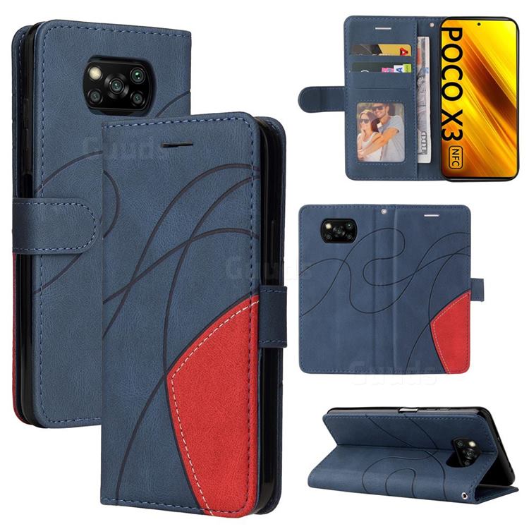 Luxury Two-color Stitching Leather Wallet Case Cover for Mi Xiaomi Poco X3 NFC - Blue