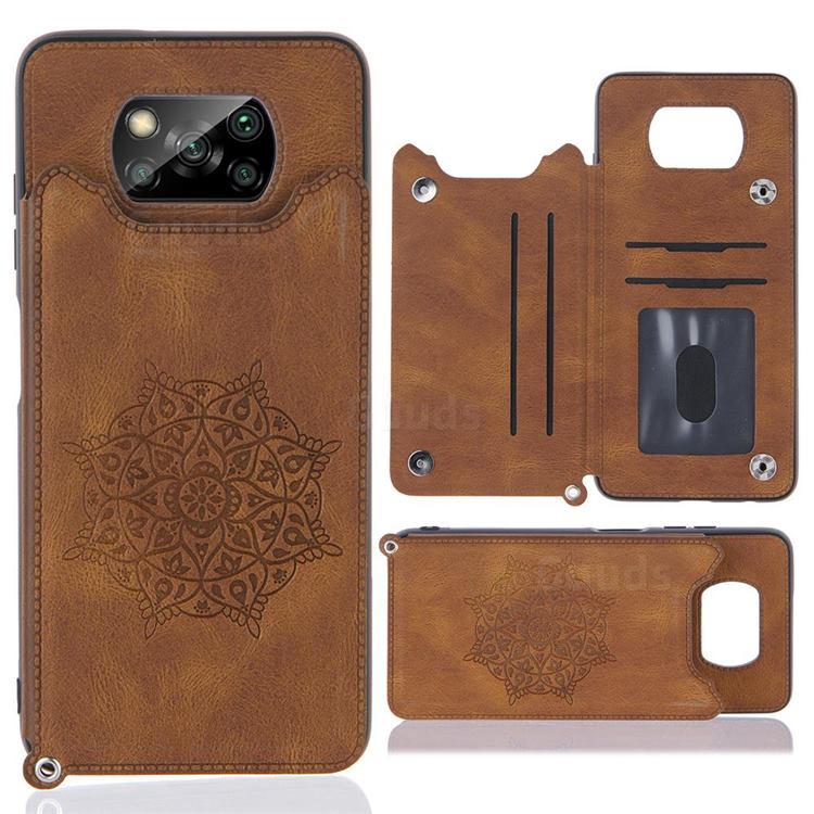 Luxury Mandala Multi-function Magnetic Card Slots Stand Leather Back Cover for Mi Xiaomi Poco X3 NFC - Brown