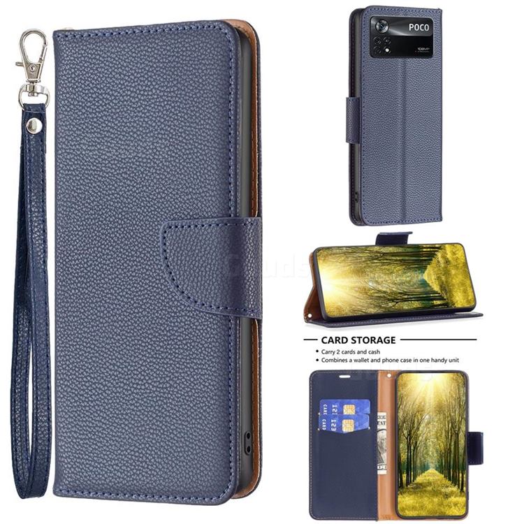 Classic Luxury Litchi Leather Phone Wallet Case for Mi Xiaomi Poco X4 Pro 5G - Blue