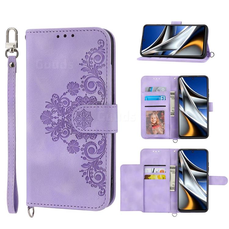 Skin Feel Embossed Lace Flower Multiple Card Slots Leather Wallet Phone Case for Mi Xiaomi Poco X4 Pro 5G - Purple