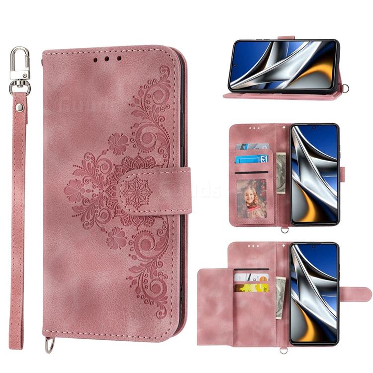 Skin Feel Embossed Lace Flower Multiple Card Slots Leather Wallet Phone Case for Mi Xiaomi Poco X4 Pro 5G - Pink