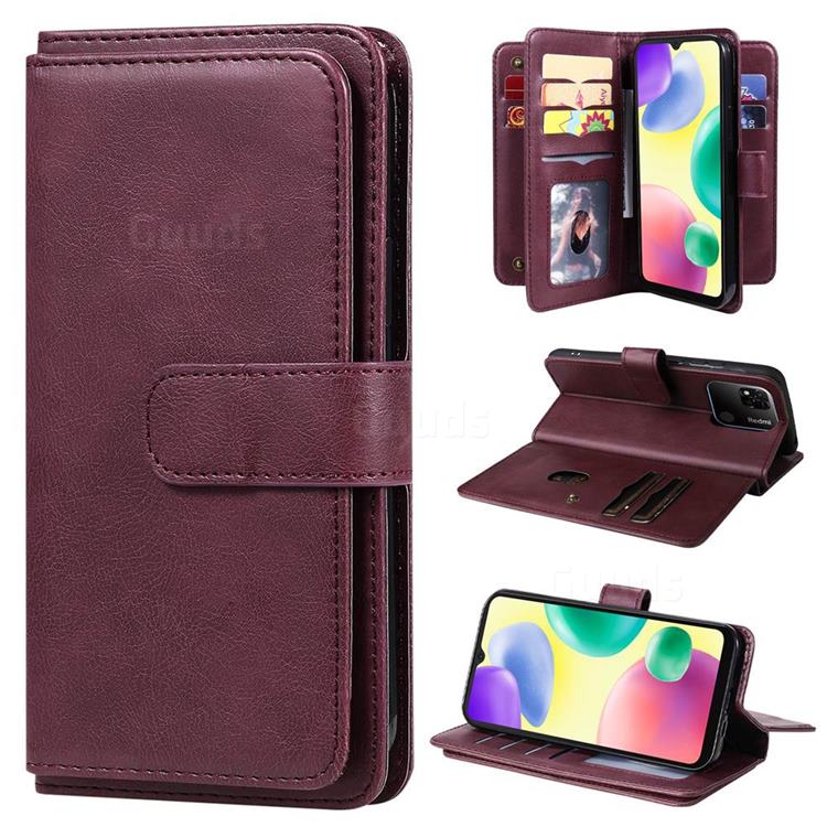 Multi-function Ten Card Slots and Photo Frame PU Leather Wallet Phone Case Cover for Xiaomi Redmi 10A - Claret