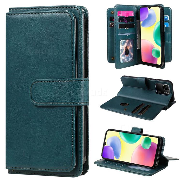 Multi-function Ten Card Slots and Photo Frame PU Leather Wallet Phone Case Cover for Xiaomi Redmi 10A - Dark Green