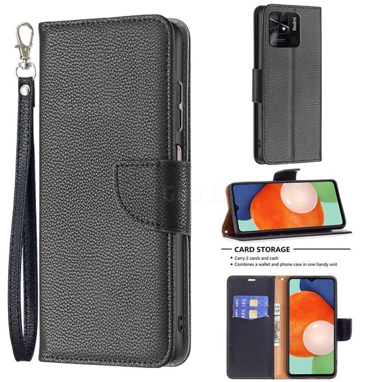 Classic Luxury Litchi Leather Phone Wallet Case for Xiaomi Redmi 10C - Black