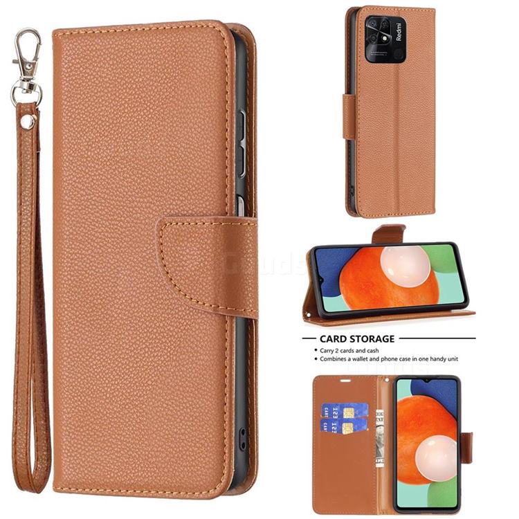 Classic Luxury Litchi Leather Phone Wallet Case for Xiaomi Redmi 10C - Brown