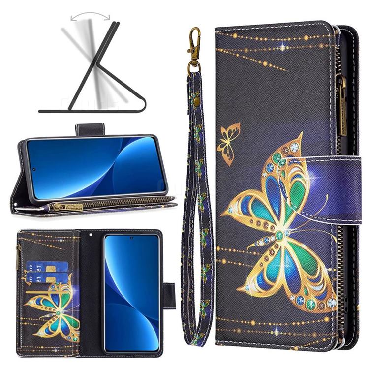 Golden Shining Butterfly Binfen Color BF03 Retro Zipper Leather Wallet Phone Case for Xiaomi Redmi 10C