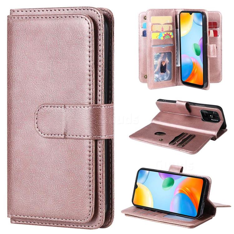 Multi-function Ten Card Slots and Photo Frame PU Leather Wallet Phone Case Cover for Xiaomi Redmi 10C - Rose Gold