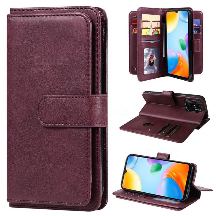 Multi-function Ten Card Slots and Photo Frame PU Leather Wallet Phone Case Cover for Xiaomi Redmi 10C - Claret
