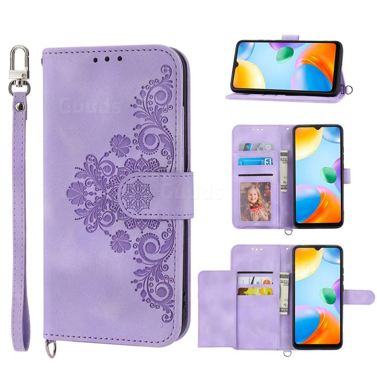 Skin Feel Embossed Lace Flower Multiple Card Slots Leather Wallet Phone Case for Xiaomi Redmi 10C - Purple