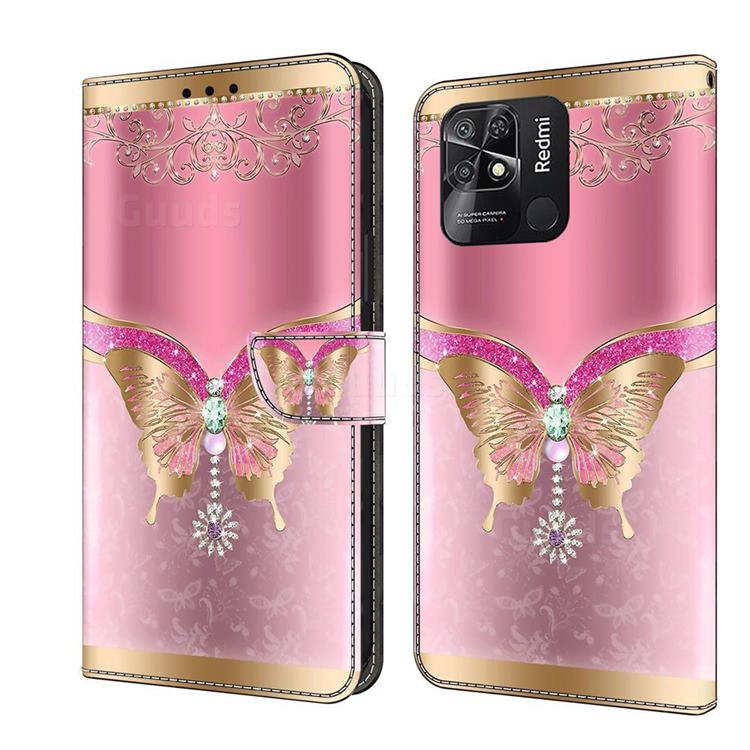Pink Diamond Butterfly Crystal PU Leather Protective Wallet Case Cover for Xiaomi Redmi 10C