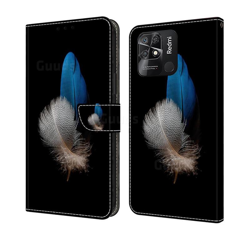 White Blue Feathers Crystal PU Leather Protective Wallet Case Cover for Xiaomi Redmi 10C