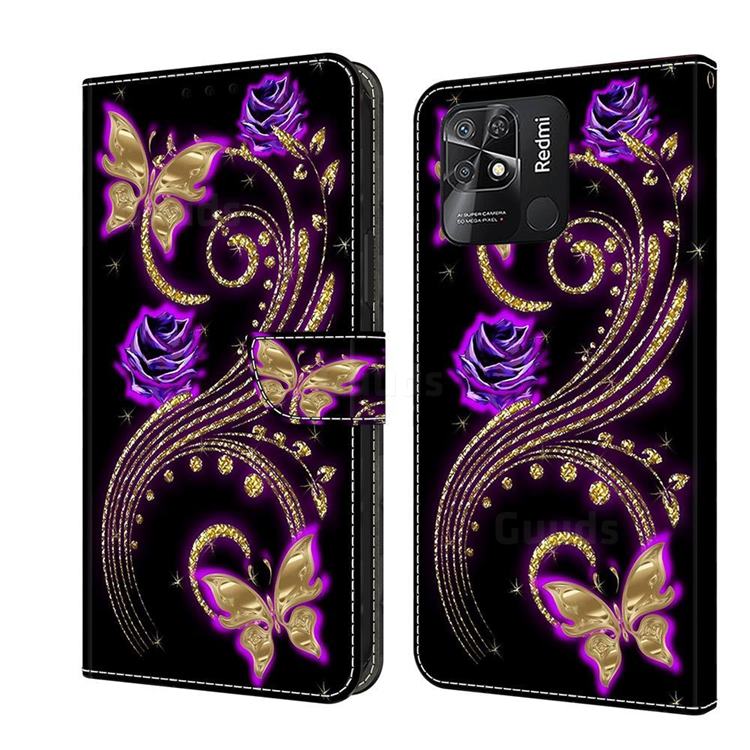 Purple Flower Butterfly Crystal PU Leather Protective Wallet Case Cover for Xiaomi Redmi 10C