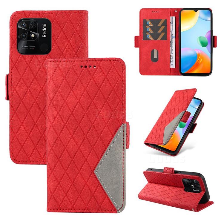 Grid Pattern Splicing Protective Wallet Case Cover for Xiaomi Redmi 10C - Red
