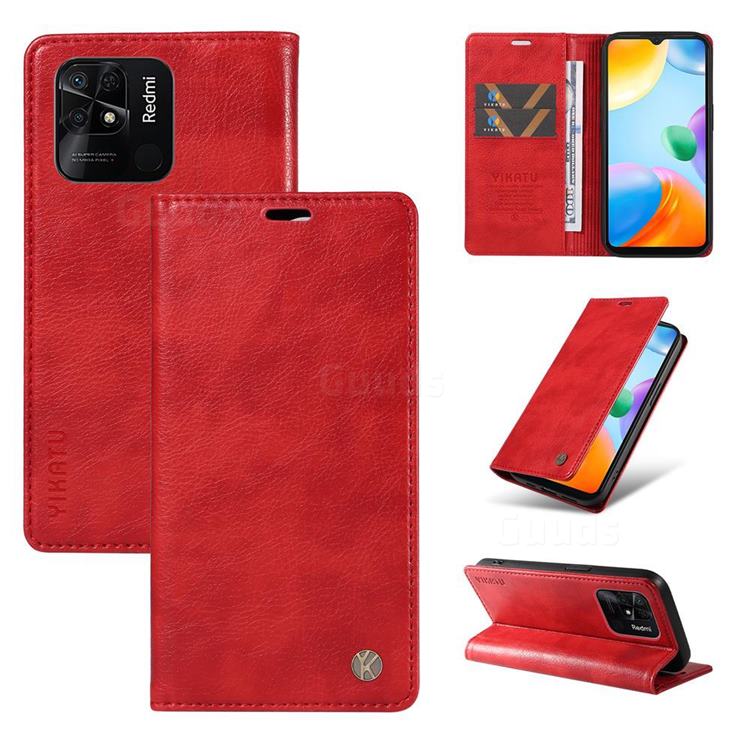 YIKATU Litchi Card Magnetic Automatic Suction Leather Flip Cover for Xiaomi Redmi 10C - Bright Red