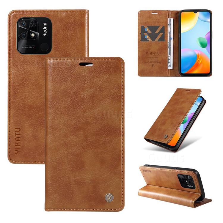 YIKATU Litchi Card Magnetic Automatic Suction Leather Flip Cover for Xiaomi Redmi 10C - Brown
