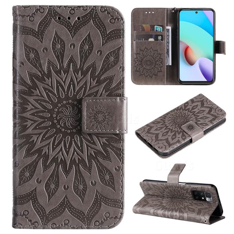 Embossing Sunflower Leather Wallet Case for Xiaomi Redmi 10 5G - Gray