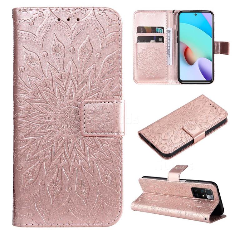 Embossing Sunflower Leather Wallet Case for Xiaomi Redmi 10 5G - Rose Gold