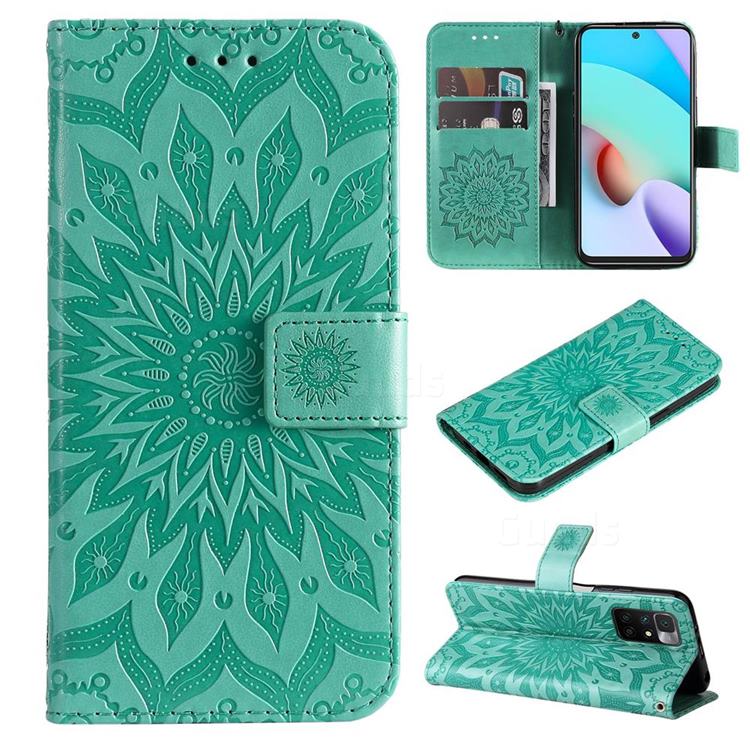 Embossing Sunflower Leather Wallet Case for Xiaomi Redmi 10 5G - Green