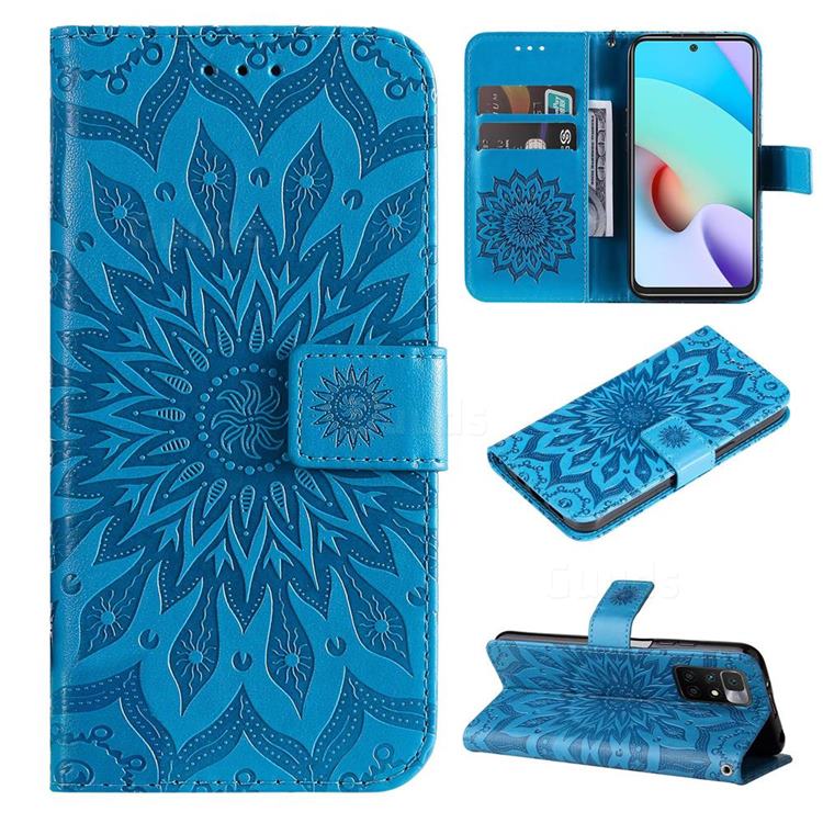 Embossing Sunflower Leather Wallet Case for Xiaomi Redmi 10 5G - Blue