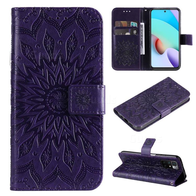 Embossing Sunflower Leather Wallet Case for Xiaomi Redmi 10 5G - Purple