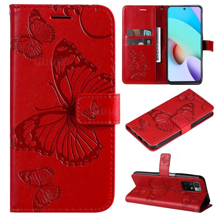 Embossing 3D Butterfly Leather Wallet Case for Xiaomi Redmi 10 5G - Red