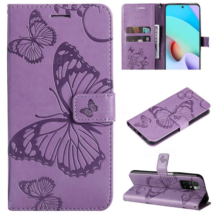 Embossing 3D Butterfly Leather Wallet Case for Xiaomi Redmi 10 5G - Purple