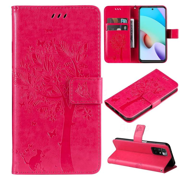 Embossing Butterfly Tree Leather Wallet Case for Xiaomi Redmi 10 5G - Rose