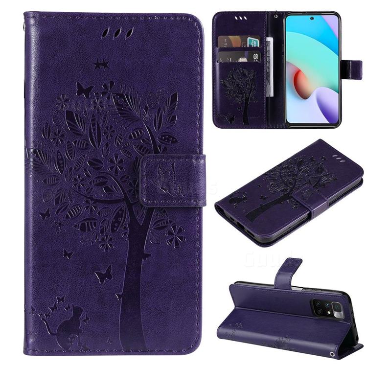 Embossing Butterfly Tree Leather Wallet Case for Xiaomi Redmi 10 5G - Purple