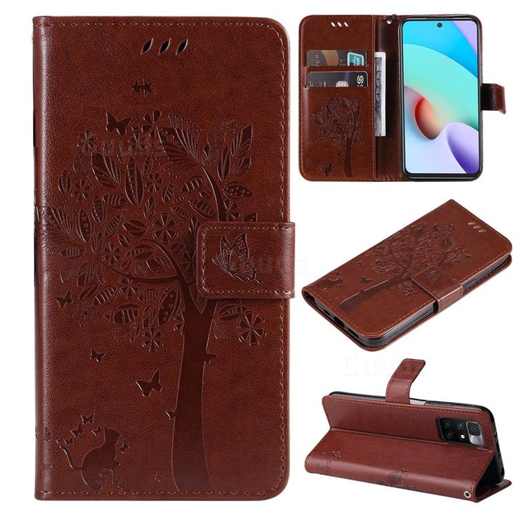 Embossing Butterfly Tree Leather Wallet Case for Xiaomi Redmi 10 5G - Coffee