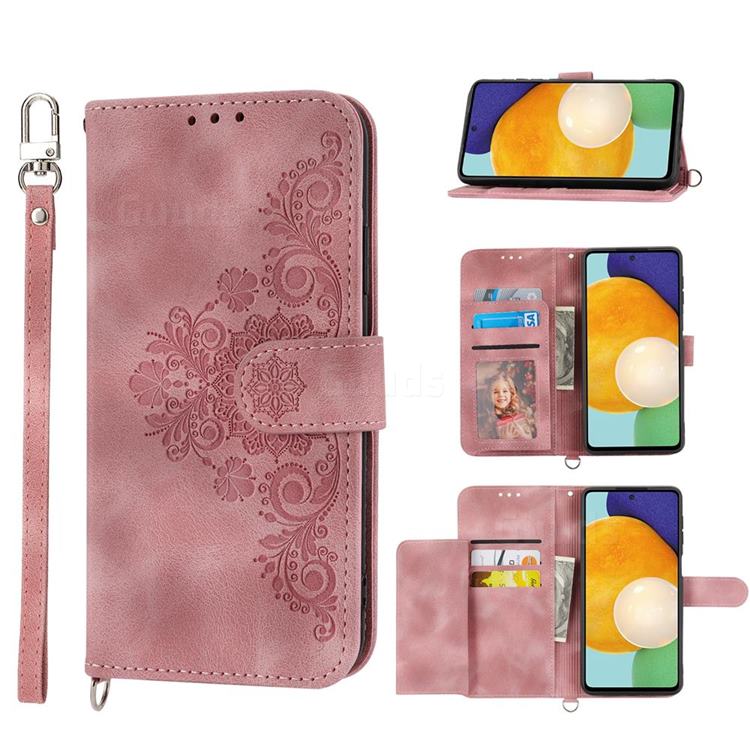Skin Feel Embossed Lace Flower Multiple Card Slots Leather Wallet Phone Case for Xiaomi Redmi 10 5G - Pink