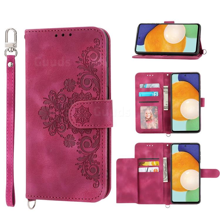 Skin Feel Embossed Lace Flower Multiple Card Slots Leather Wallet Phone Case for Xiaomi Redmi 10 5G - Claret Red