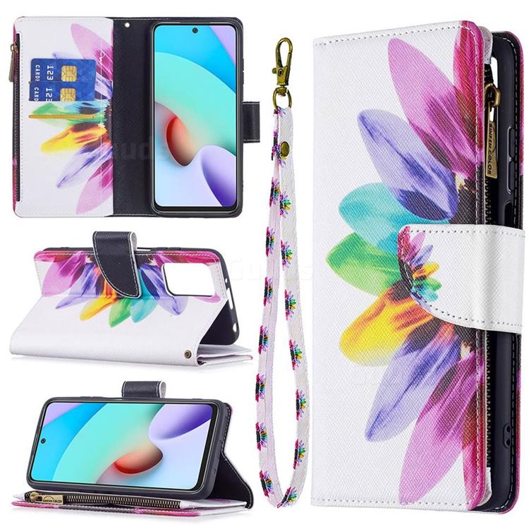 Seven-color Flowers Binfen Color BF03 Retro Zipper Leather Wallet Phone Case for Xiaomi Redmi 10 4G