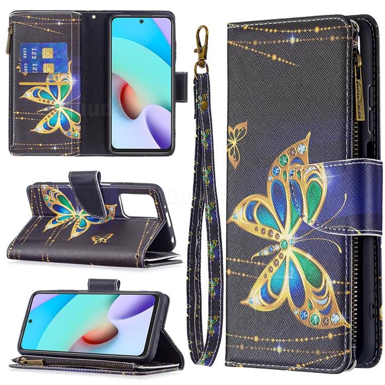 Golden Shining Butterfly Binfen Color BF03 Retro Zipper Leather Wallet Phone Case for Xiaomi Redmi 10 4G