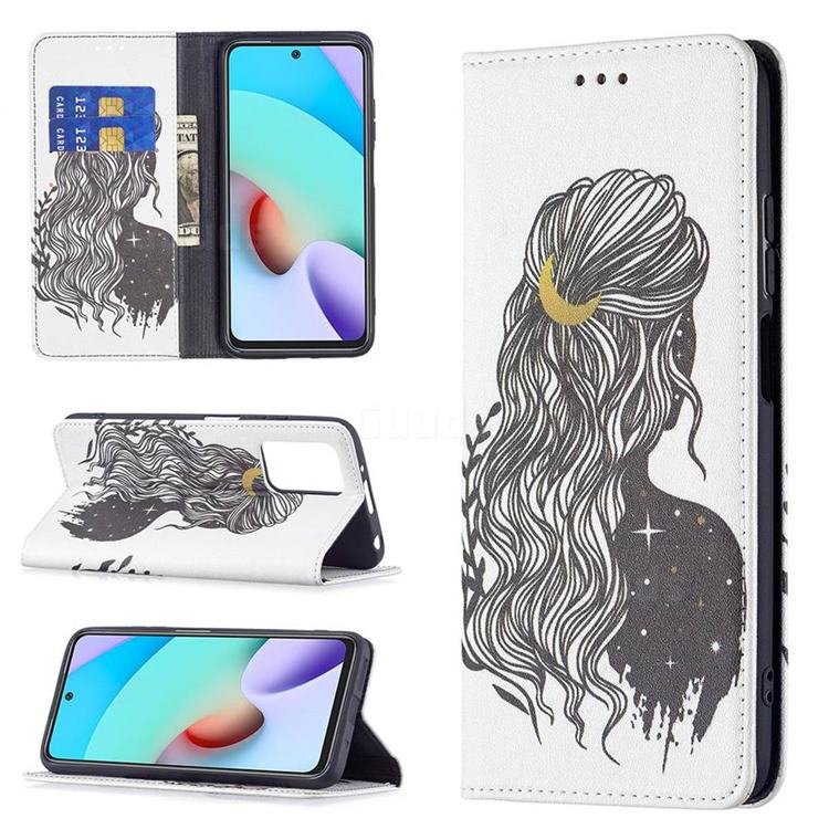 Girl with Long Hair Slim Magnetic Attraction Wallet Flip Cover for Xiaomi Redmi 10 4G