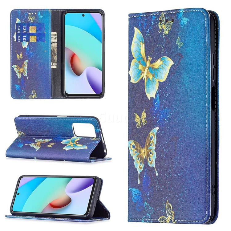 Gold Butterfly Slim Magnetic Attraction Wallet Flip Cover for Xiaomi Redmi 10 4G