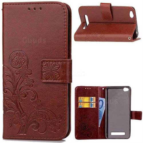 Embossing Imprint Four-Leaf Clover Leather Wallet Case for Xiaomi Redmi 4A - Brown