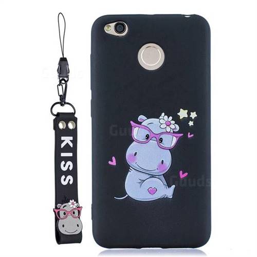 Black Flower Hippo Soft Kiss Candy Hand Strap Silicone Case for Xiaomi Redmi 4 (4X)