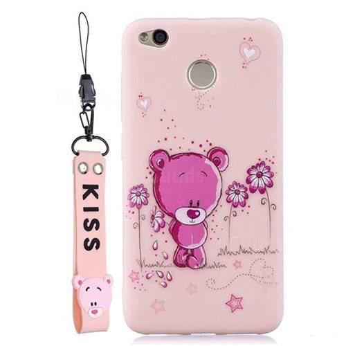 Pink Flower Bear Soft Kiss Candy Hand Strap Silicone Case for Xiaomi Redmi 4 (4X)