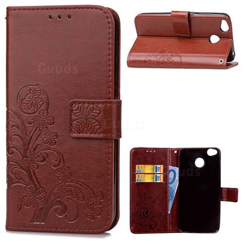 Embossing Imprint Four-Leaf Clover Leather Wallet Case for Xiaomi Redmi 4 (4X) - Brown