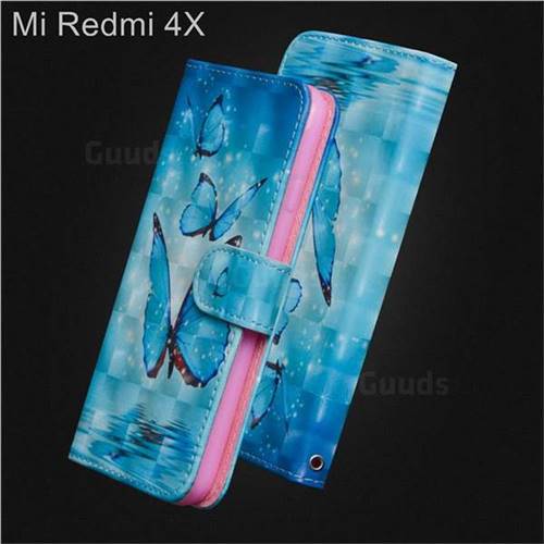 Blue Sea Butterflies 3D Painted Leather Wallet Case for Xiaomi Redmi 4 (4X)