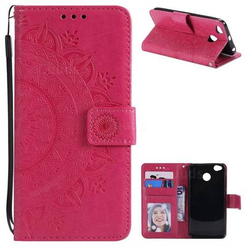 Intricate Embossing Datura Leather Wallet Case for Xiaomi Redmi 4 (4X) - Rose Red