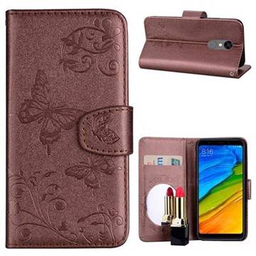 Embossing Butterfly Morning Glory Mirror Leather Wallet Case for Mi Xiaomi Redmi 5 - Coffee