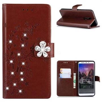 Embossing Plum Blossom Rhinestone Leather Wallet Case for Mi Xiaomi Redmi 5 - Brown
