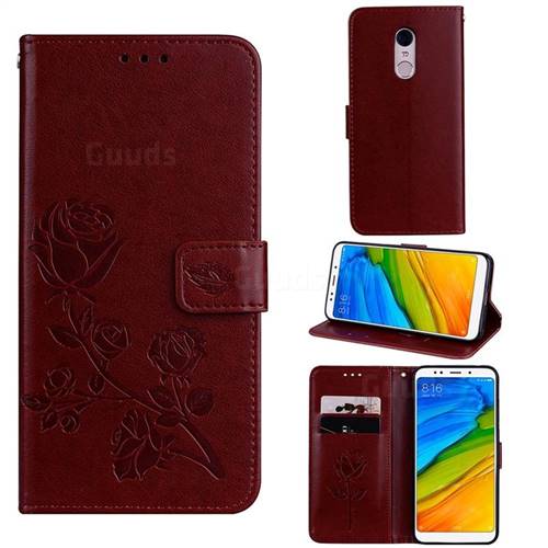 Embossing Rose Flower Leather Wallet Case for Mi Xiaomi Redmi 5 - Brown
