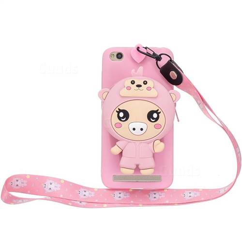 Pink Pig Neck Lanyard Zipper Wallet Silicone Case for Xiaomi Redmi 5A