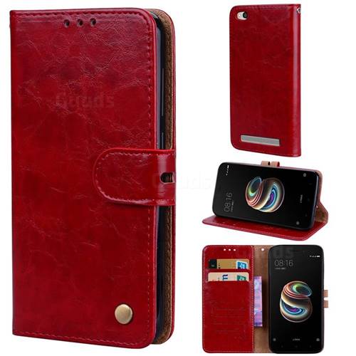 Luxury Retro Oil Wax PU Leather Wallet Phone Case for Xiaomi Redmi 5A - Brown Red