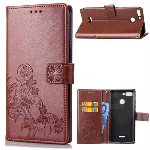Embossing Imprint Four-Leaf Clover Leather Wallet Case for Mi Xiaomi Redmi 6 - Brown