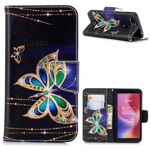 Golden Shining Butterfly Leather Wallet Case for Mi Xiaomi Redmi 6