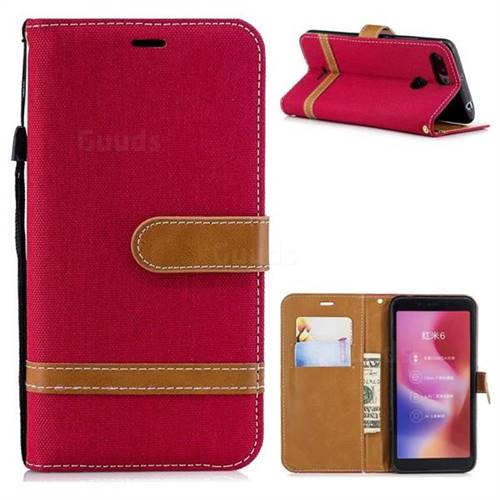 Jeans Cowboy Denim Leather Wallet Case for Mi Xiaomi Redmi 6 - Red