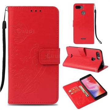 Embossing Butterfly Flower Leather Wallet Case for Mi Xiaomi Redmi 6 - Red
